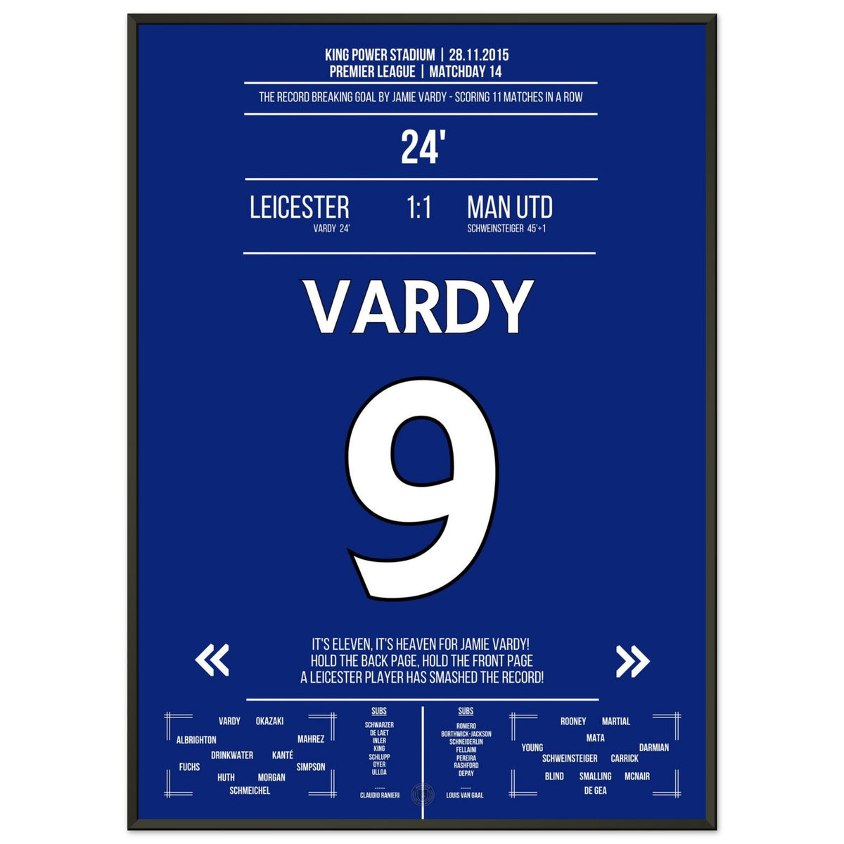 Vardy scores in the 11th game in a row and breaks the Premier League record