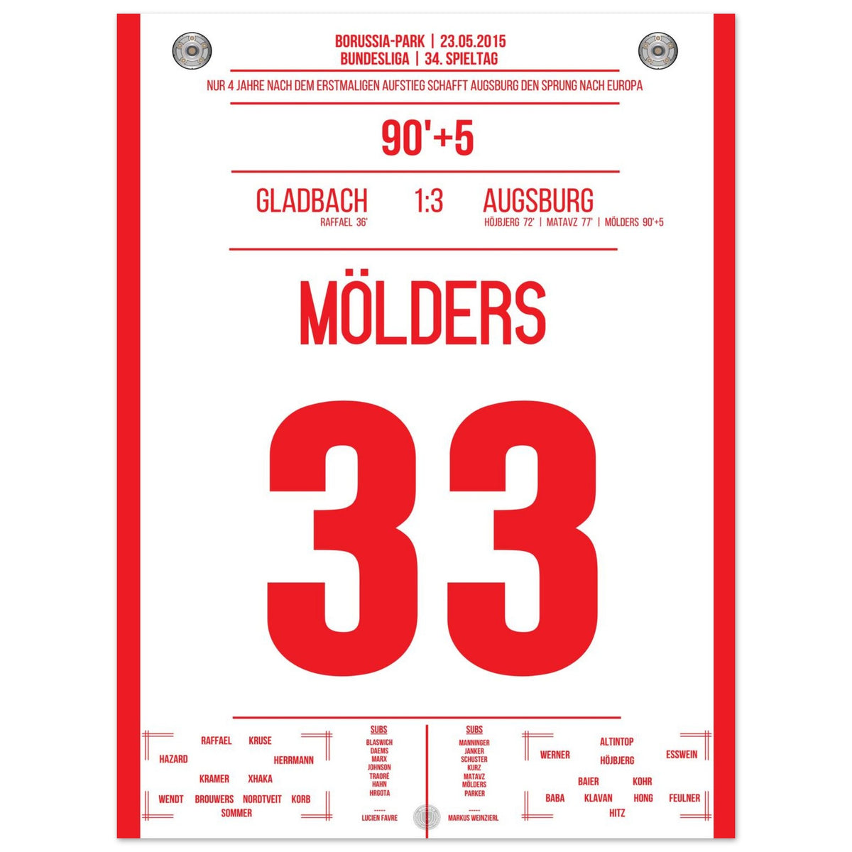 Augsburg qualifies for the Europa League - Mölders against Gladbach 2015
