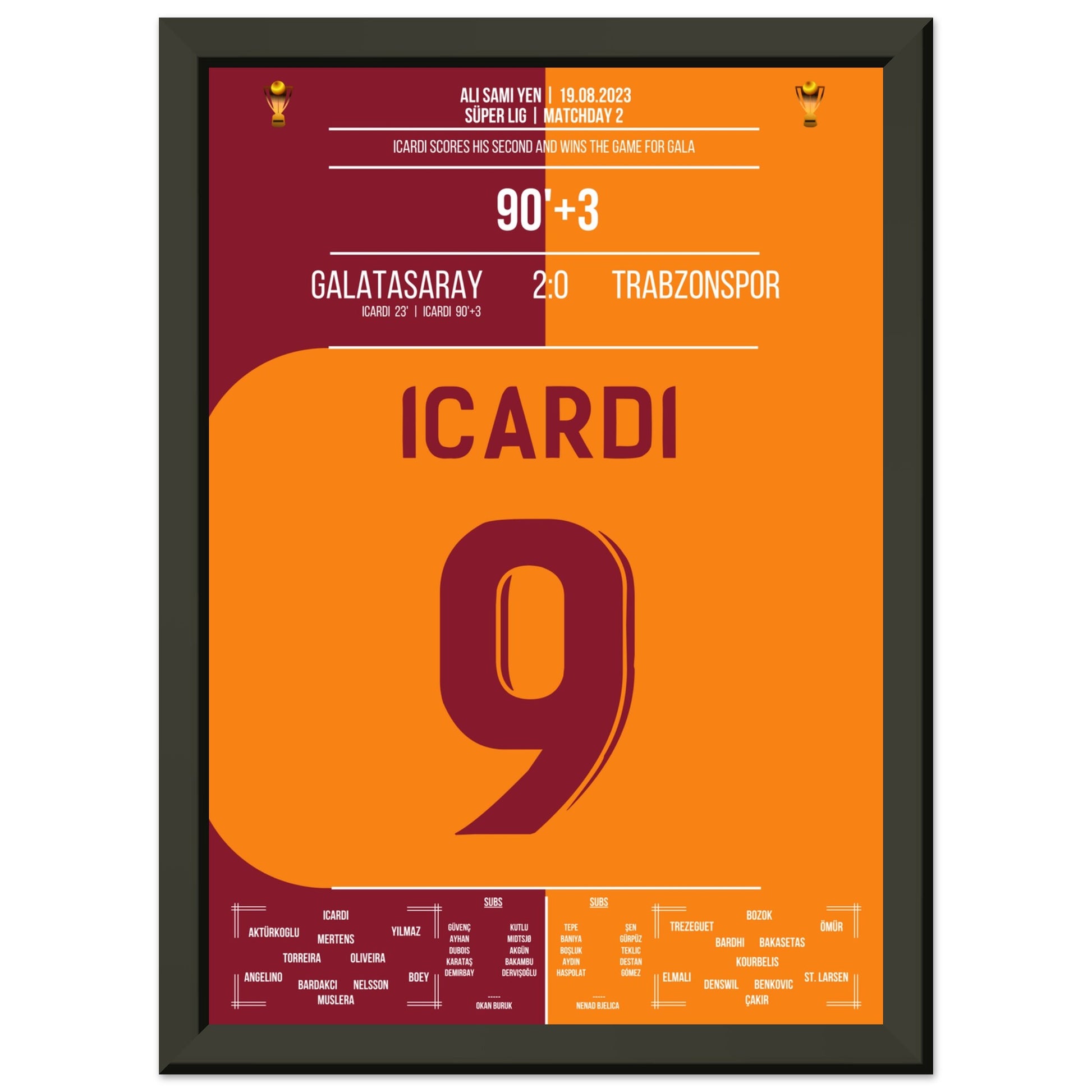 Icardi-Doppelpack gegen Trabzonspor Saison 2023/24 A4-21x29.7-cm-8x12-Schwarzer-Aluminiumrahmen