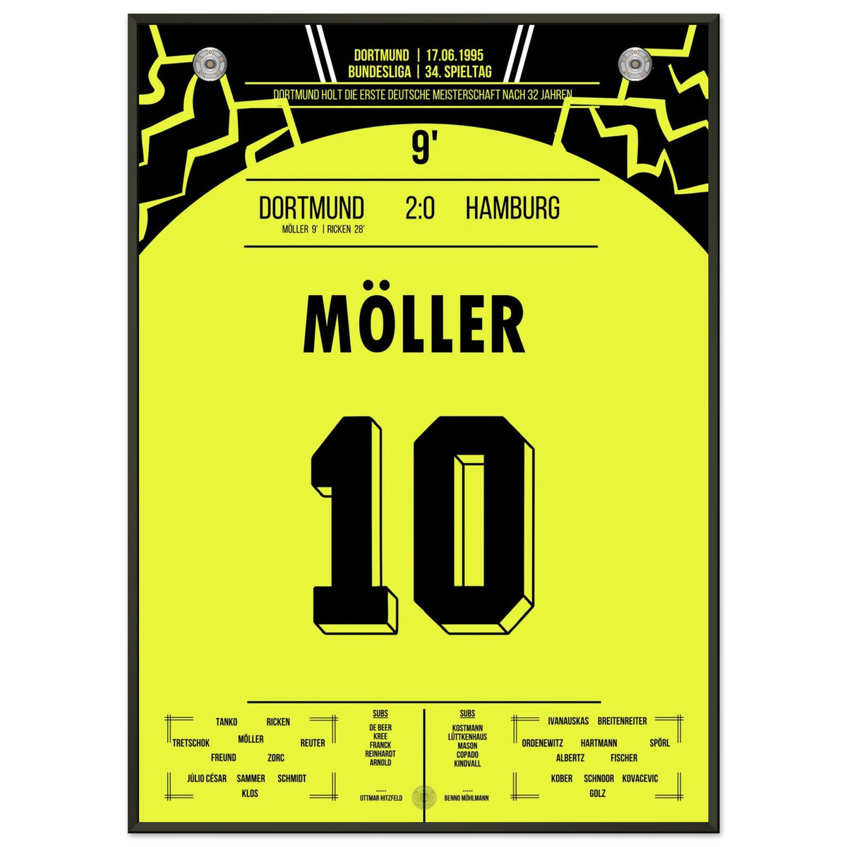 Möller sinks the free kick and Dortmund secures their first championship title after 32 years.