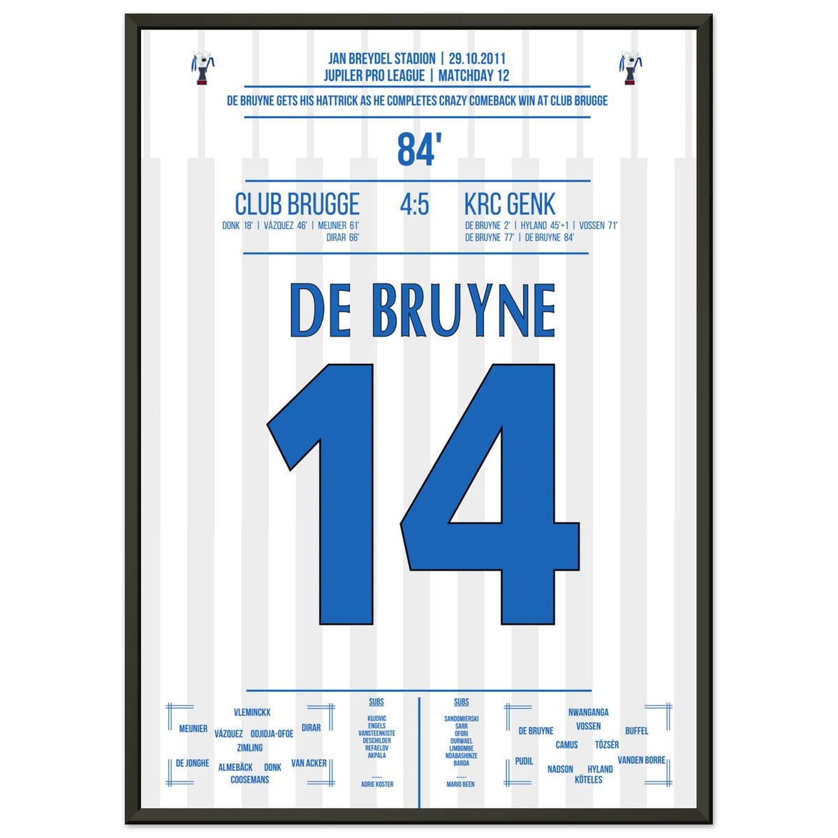 De Bruyne hat a hat trick for Genk in a legendary comeback victory in Bruges in 2011.
