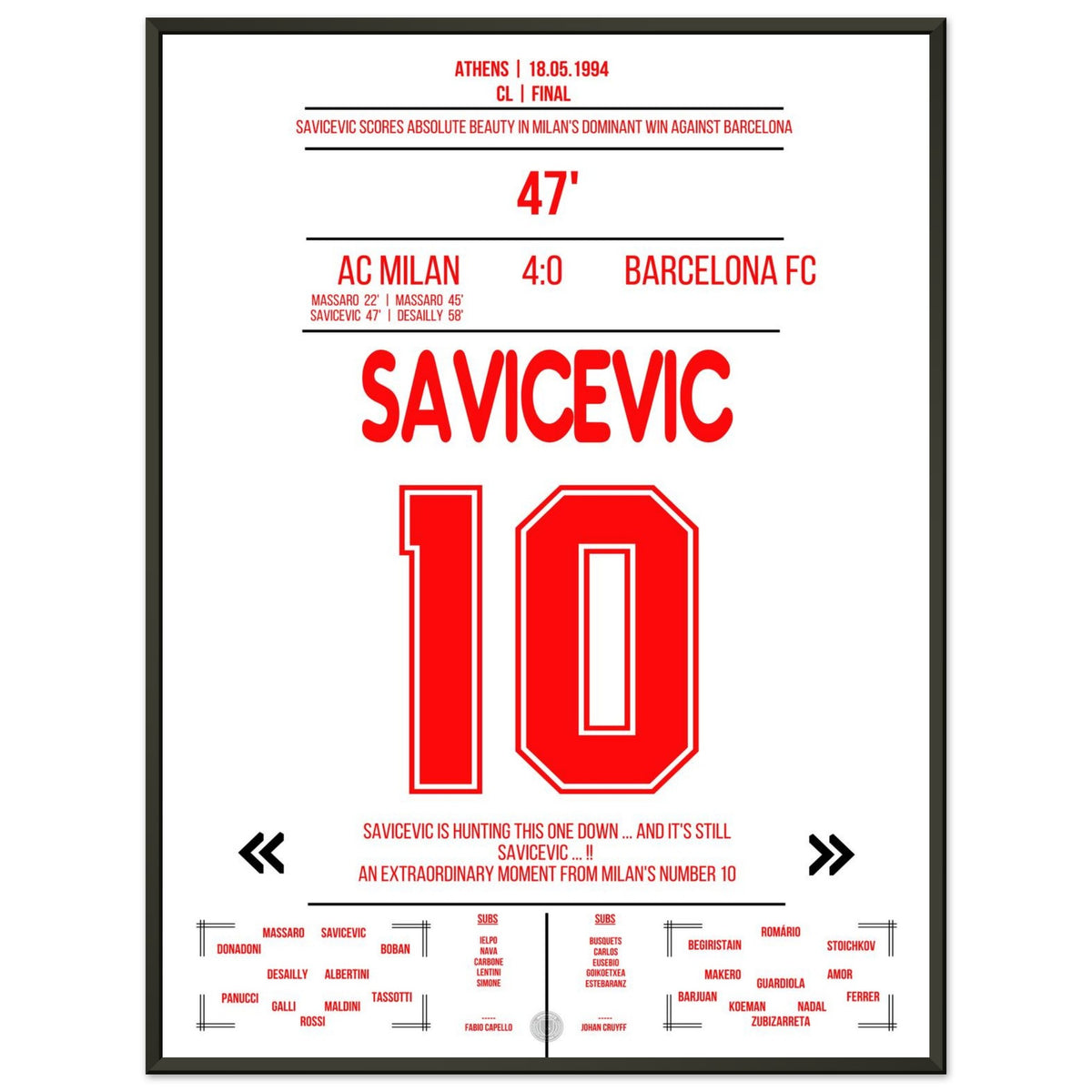 Savicevic lobbed goal in the win over Barcelona in the 1994 final