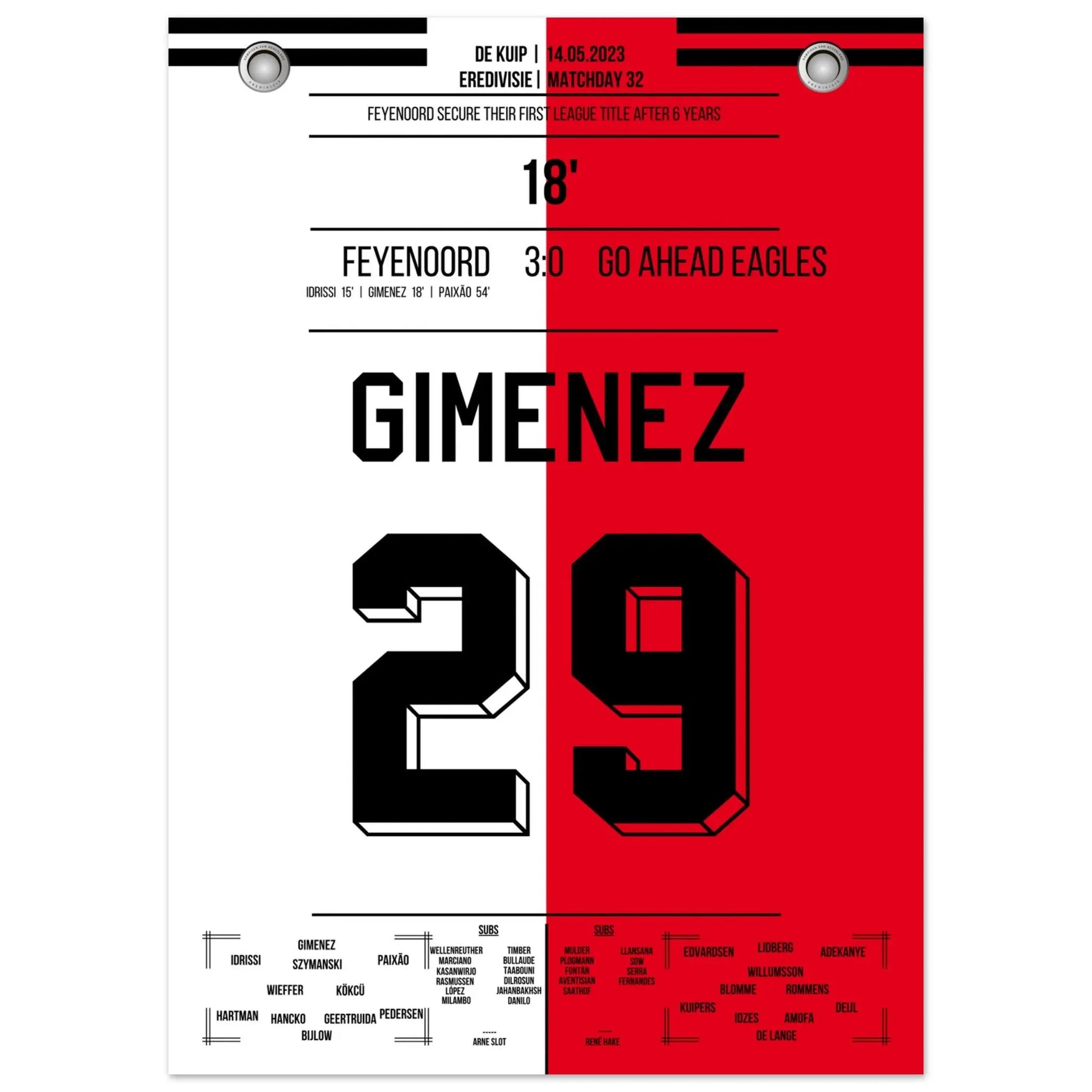 Feyenoord feiert seine 16. Meisterschaft in 2023 50x70-cm-20x28-Ohne-Rahmen
