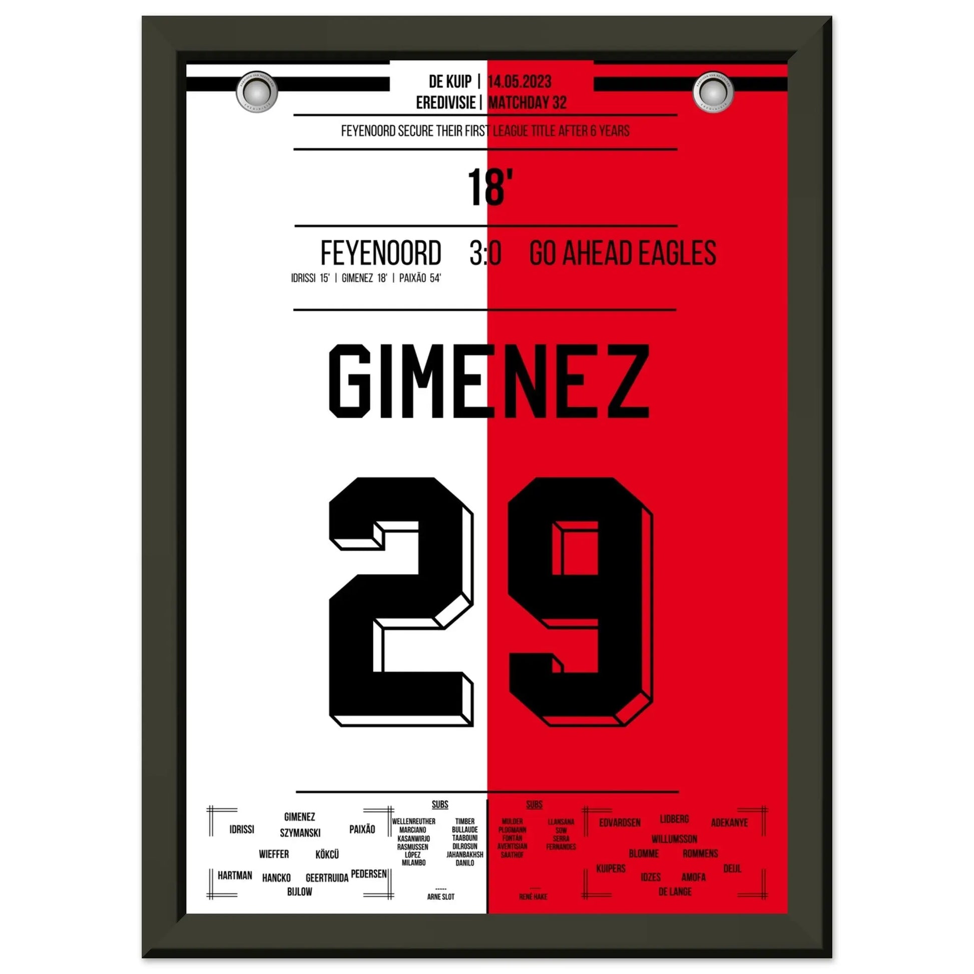 Feyenoord feiert seine 16. Meisterschaft in 2023 A4-21x29.7-cm-8x12-Schwarzer-Aluminiumrahmen