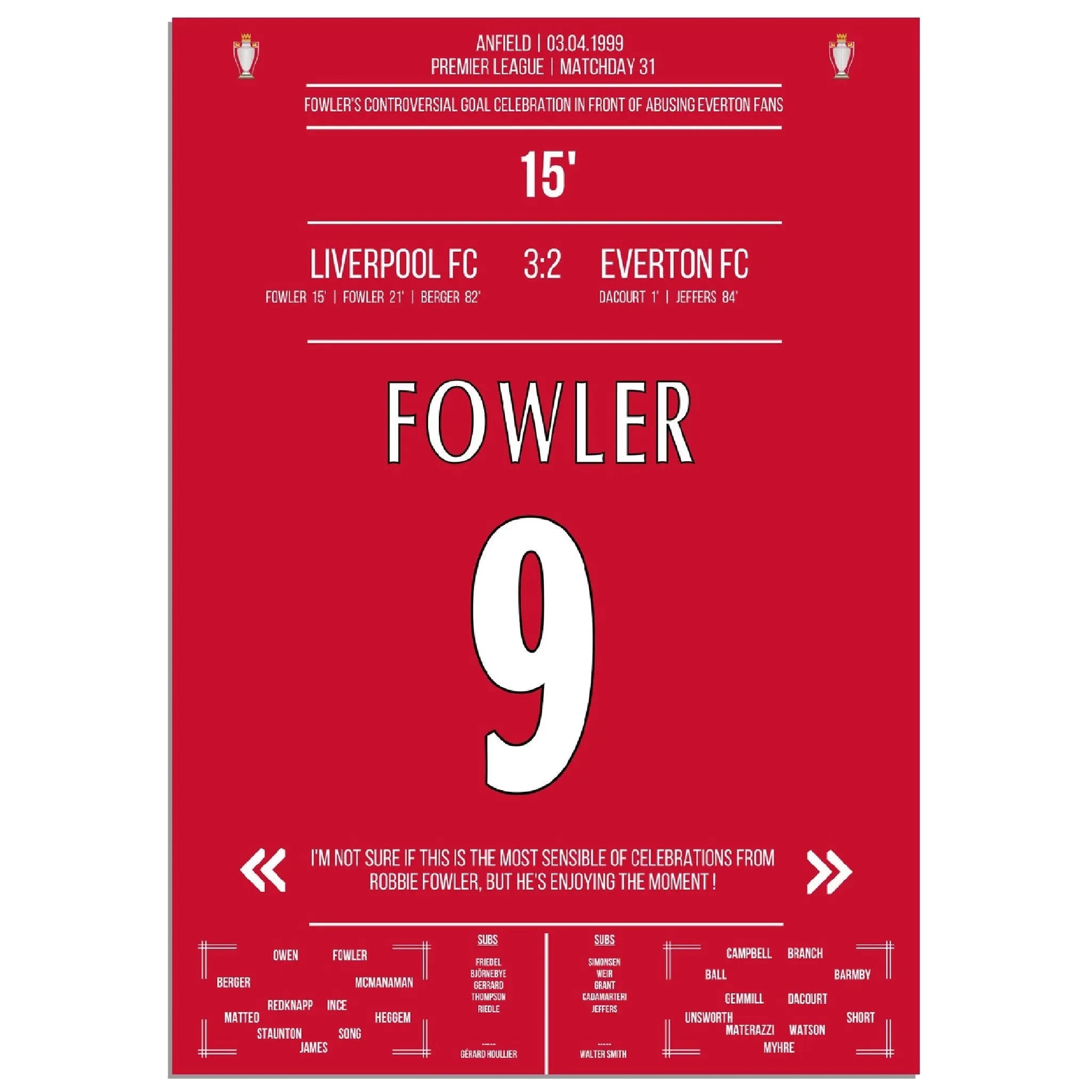 Fowlers außergewöhnlicher Torjubel Liverpool - Everton 1999 Premier League Merseyside Derby 