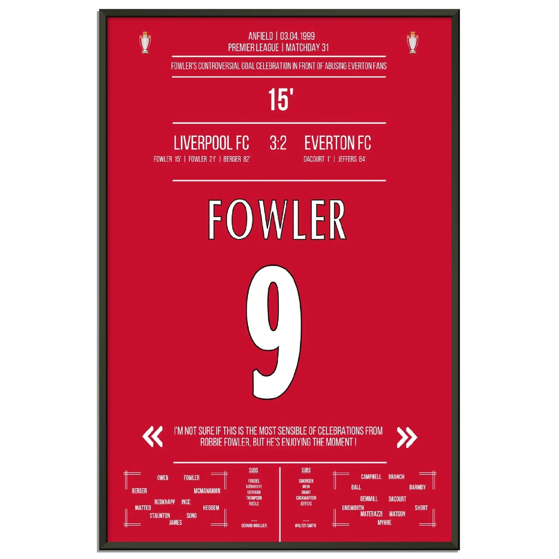 Fowlers außergewöhnlicher Torjubel Liverpool - Everton 1999 Premier League Merseyside Derby 