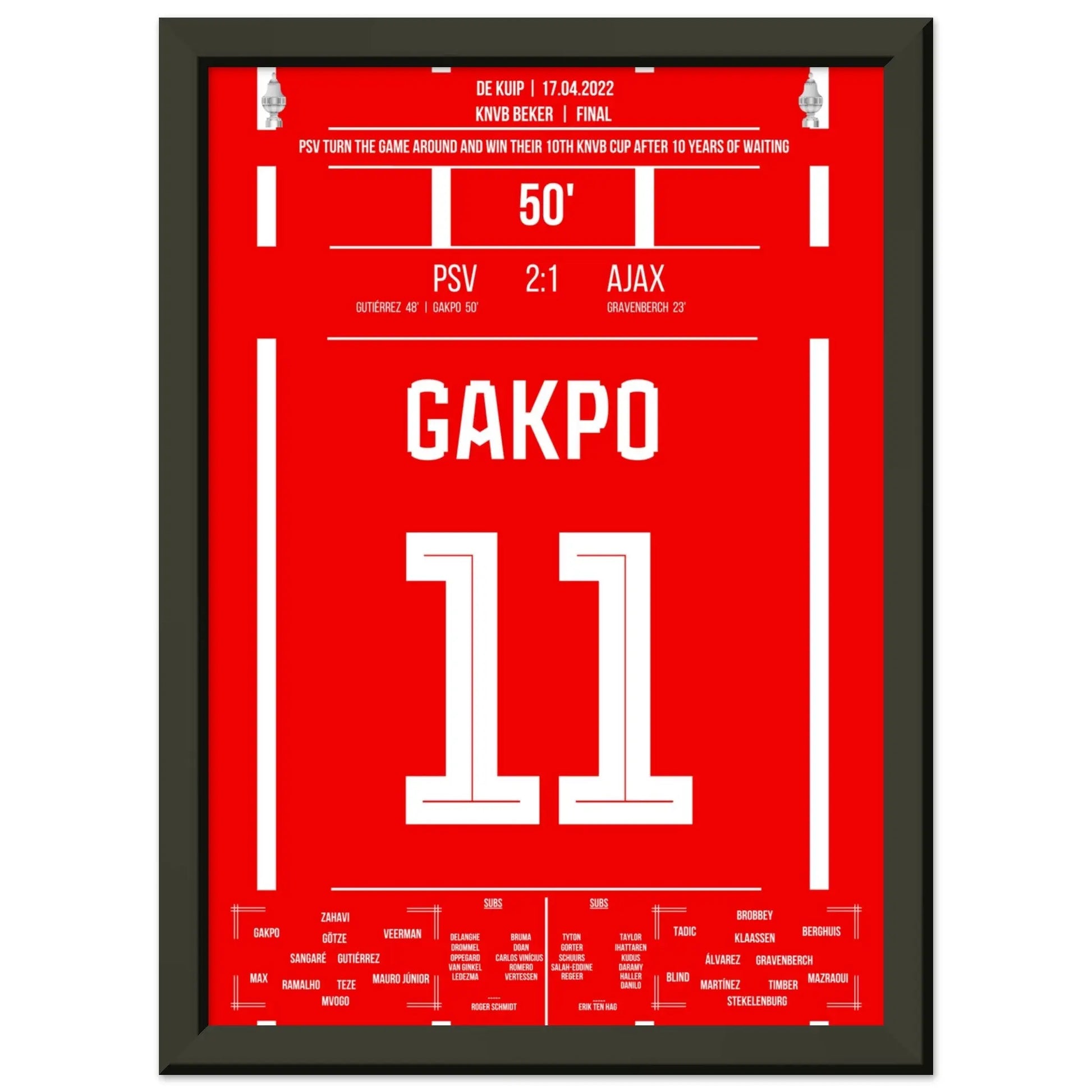 Gakpo mit Siegtreffer im Pokalfinale gegen Ajax 2017 A4-21x29.7-cm-8x12-Schwarzer-Aluminiumrahmen
