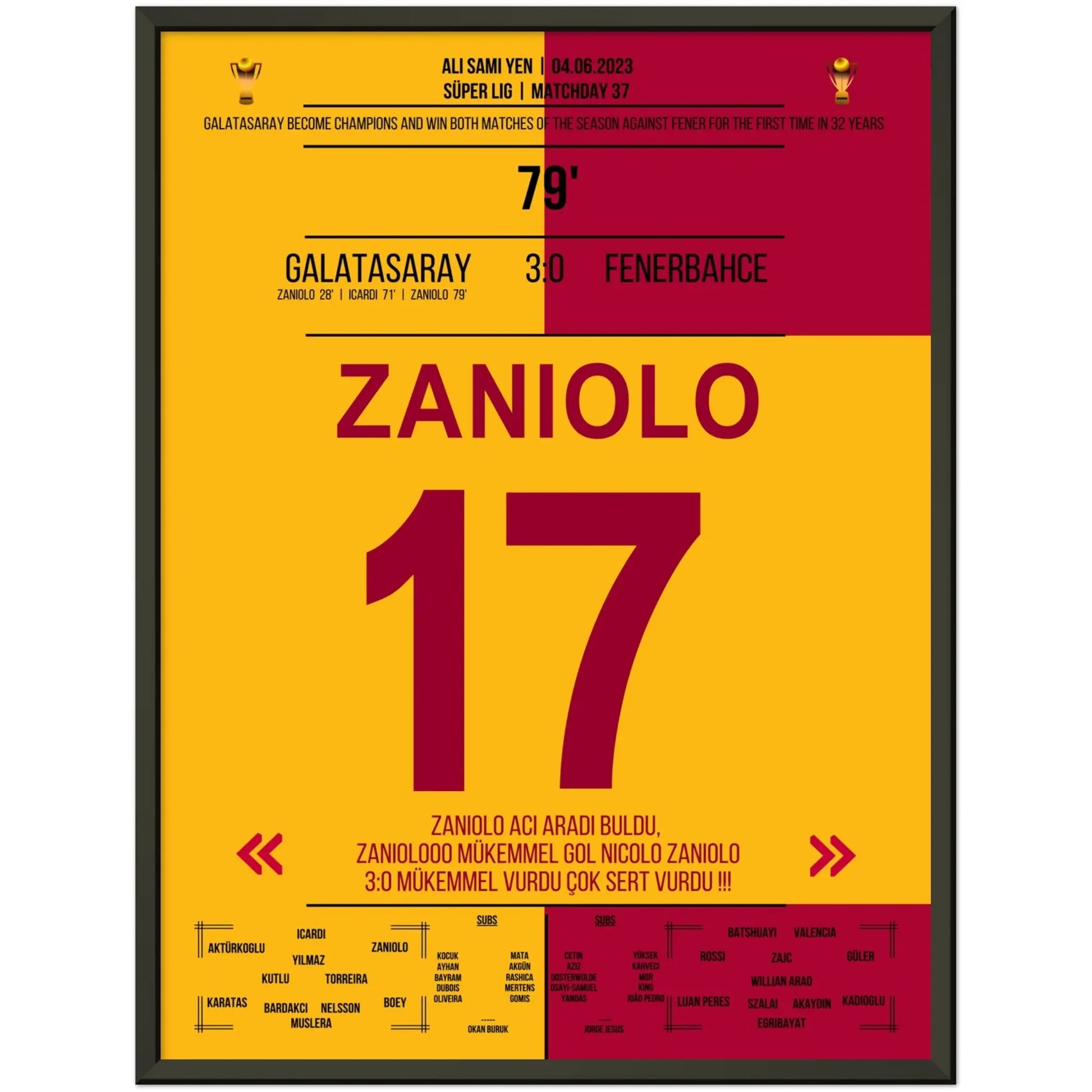 Galatasaray feiert die Meisterschaft im zweitem Derbysieg gegen Fenerbahce 2023 45x60-cm-18x24-Schwarzer-Aluminiumrahmen