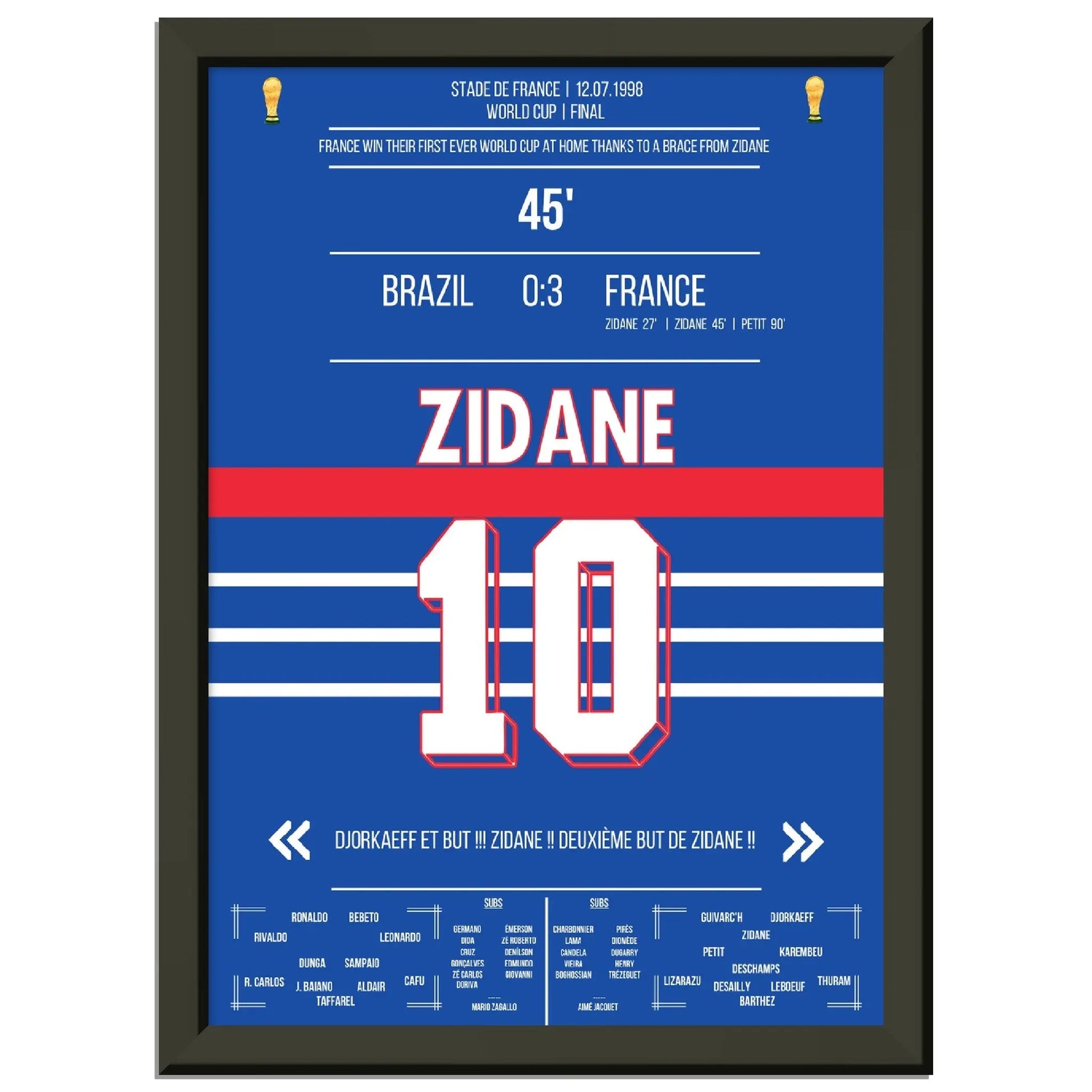 Zidane Kopfball-Doppelpack zu Frankreichs ersten WM Titel 1998 gegen Brasilien A4-21x29.7-cm-8x12-Schwarzer-Aluminiumrahmen