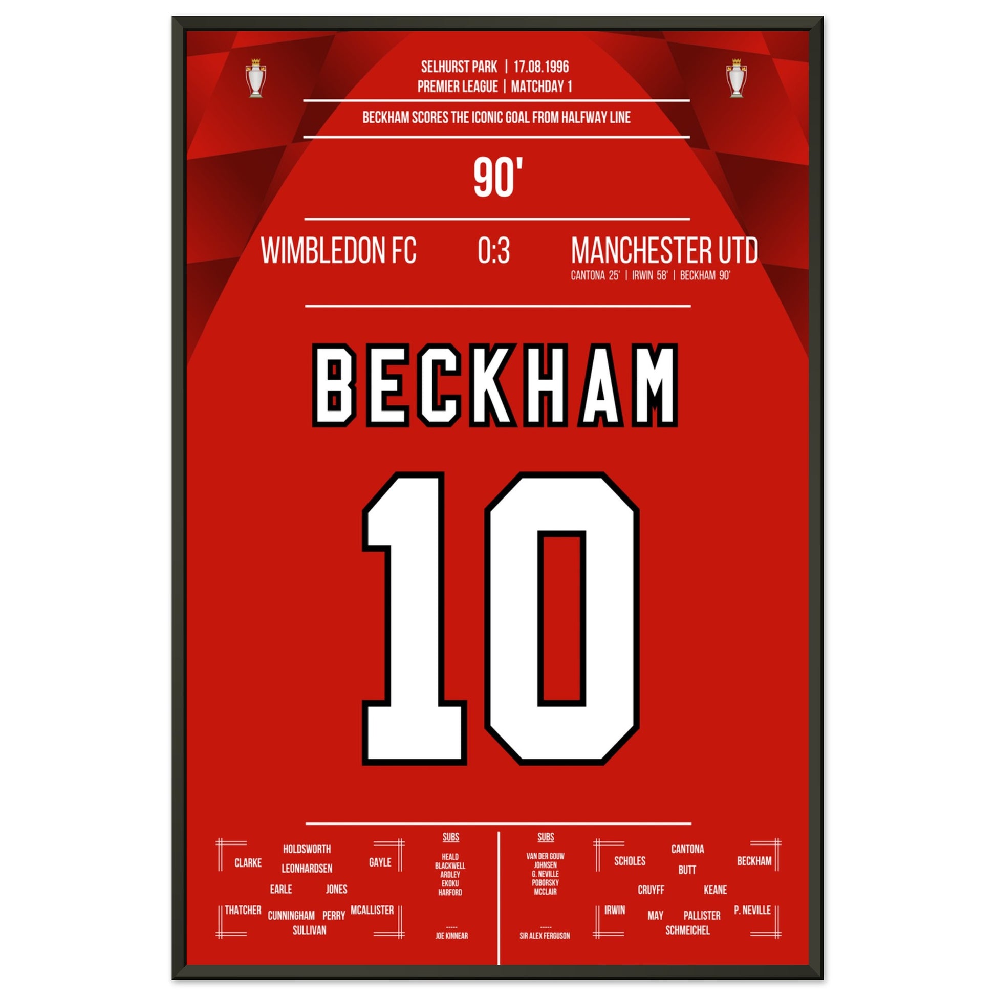 Beckham's Tor von der Mittellinie beim Auswärtsspiel gegen Wimbledon 1996 60x90-cm-24x36-Schwarzer-Aluminiumrahmen