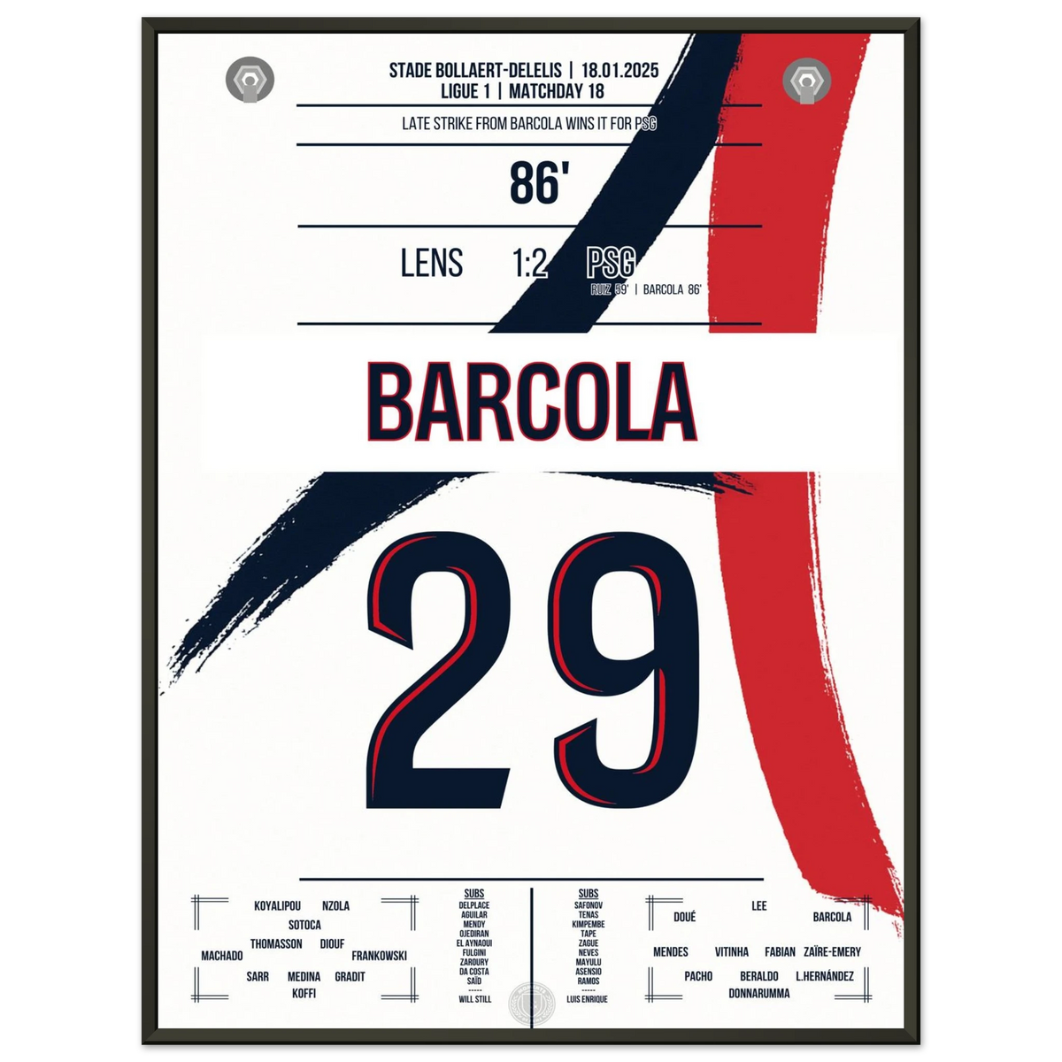 Barcola scores late to win in Lens