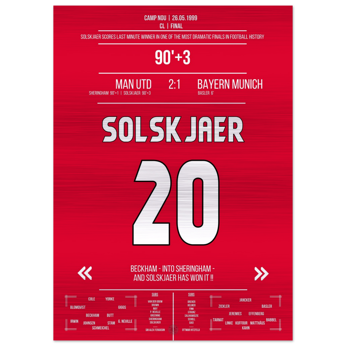 (Metal Print) Solskjaer scores in the most memorable comeback in history in the 1999 final against Bayern