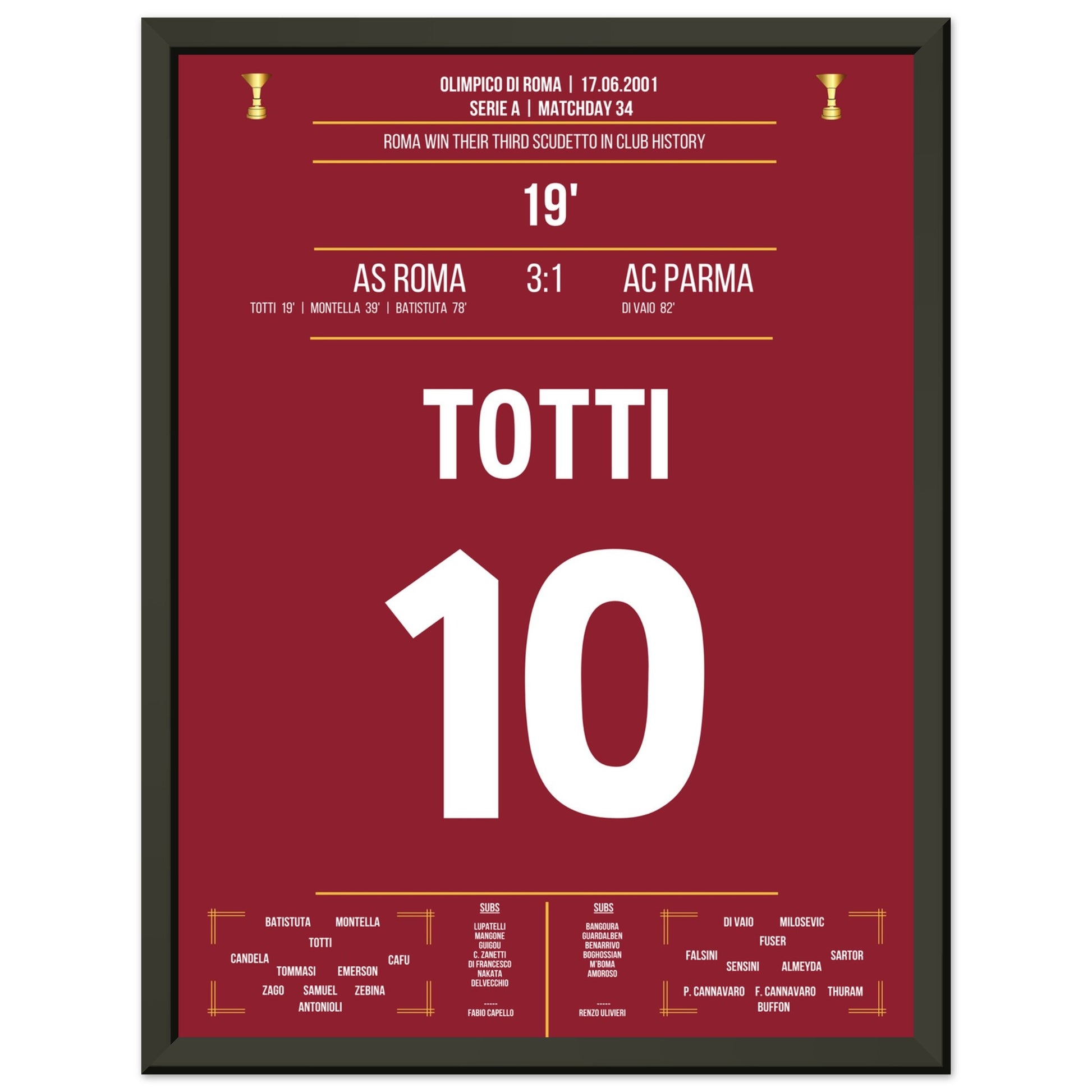 Roma's Gewinn des dritten Scudetto der Vereinsgeschichte 30x40-cm-12x16-Schwarzer-Aluminiumrahmen