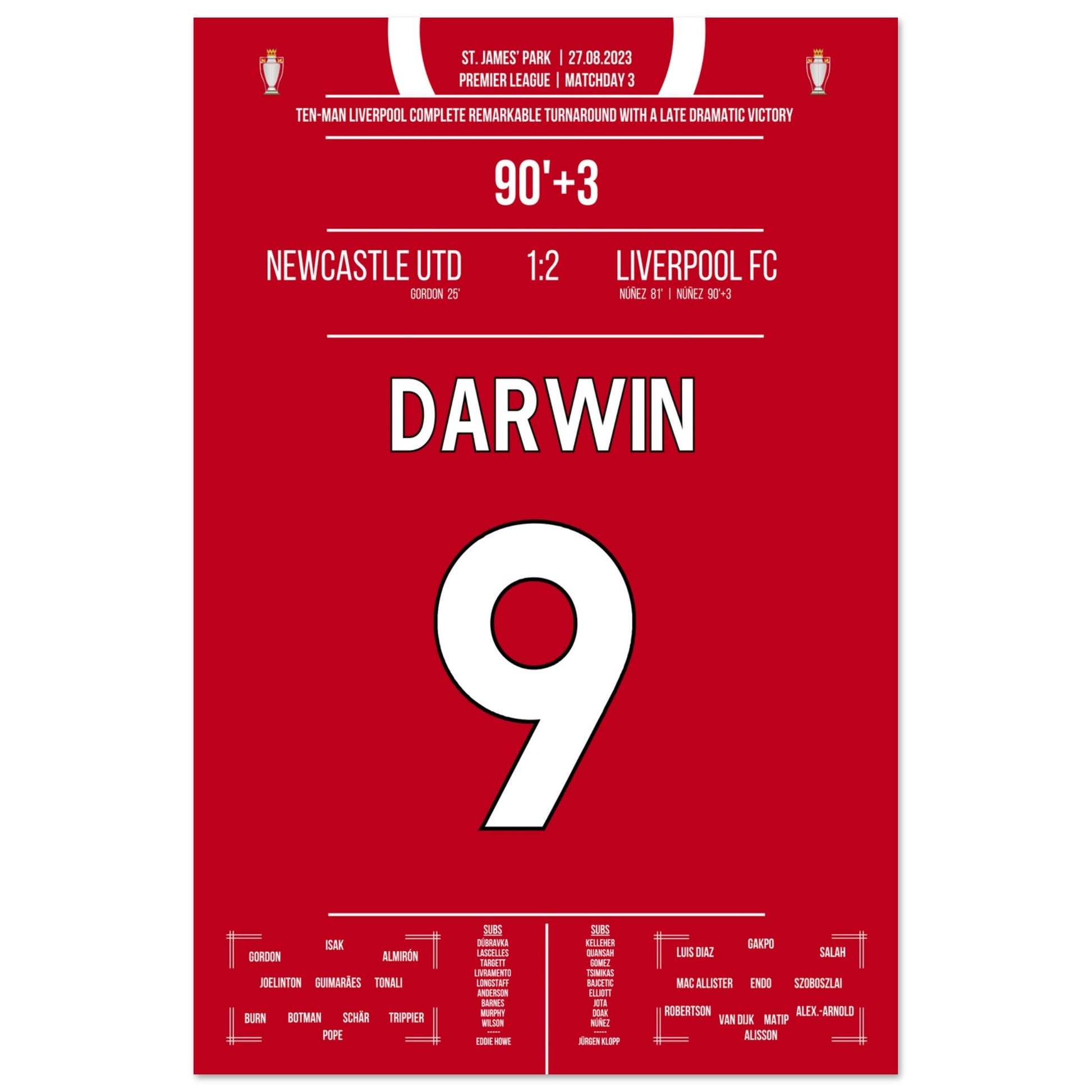 Darwin Nunez' später Doppelpack zum Sieg bei Newcastle 2023 60x90-cm-24x36-Ohne-Rahmen