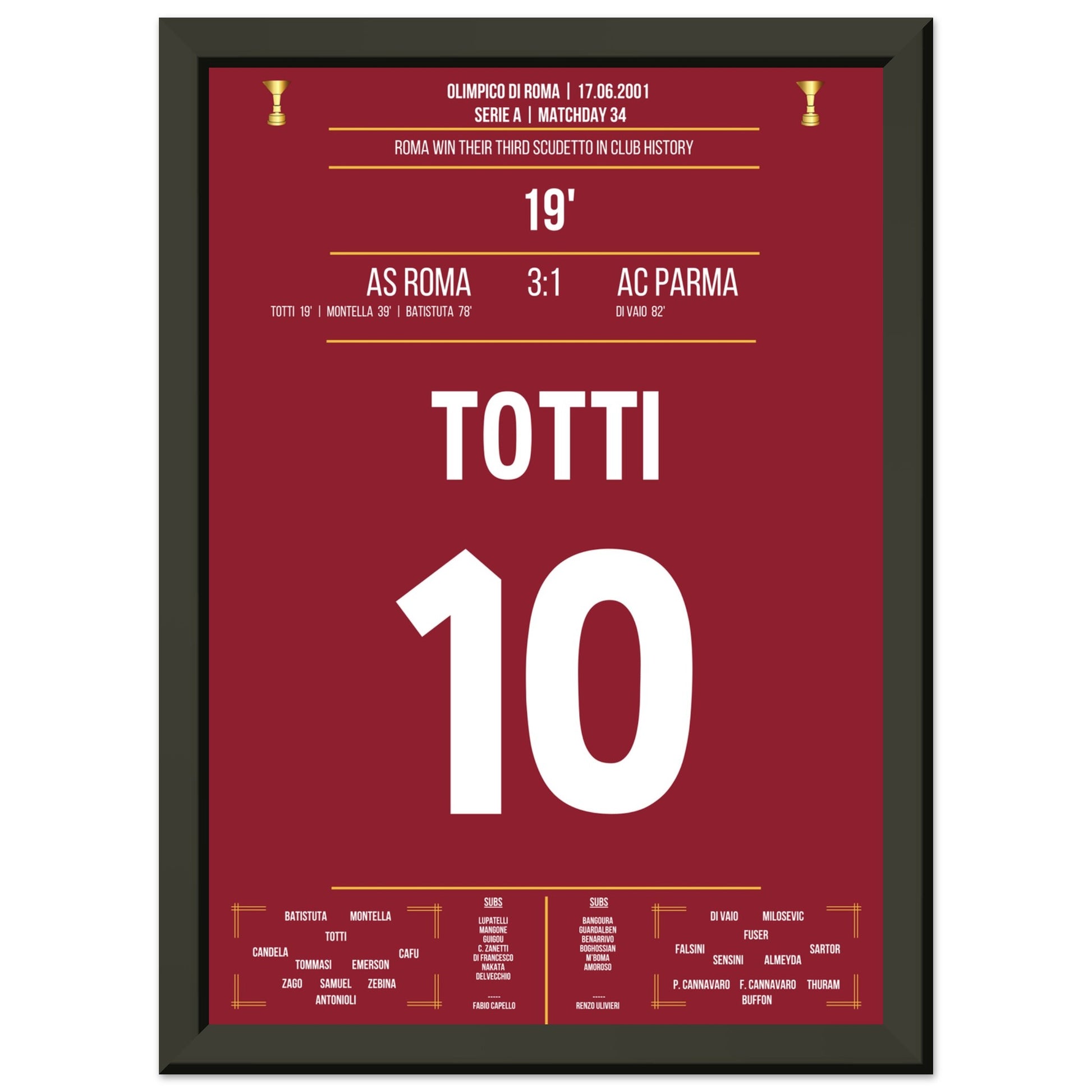 Roma's Gewinn des dritten Scudetto der Vereinsgeschichte A4-21x29.7-cm-8x12-Schwarzer-Aluminiumrahmen