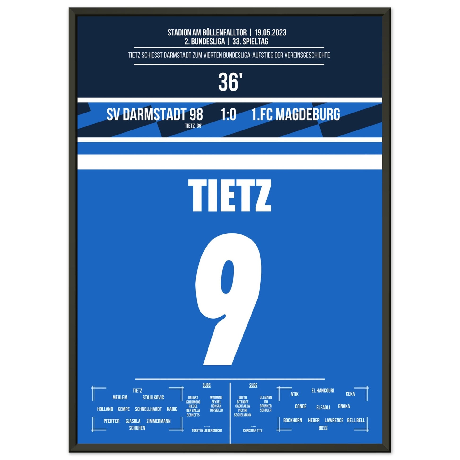 Darmstadt's Wiederaufstieg in die Bundesliga in 2023 50x70-cm-20x28-Schwarzer-Aluminiumrahmen