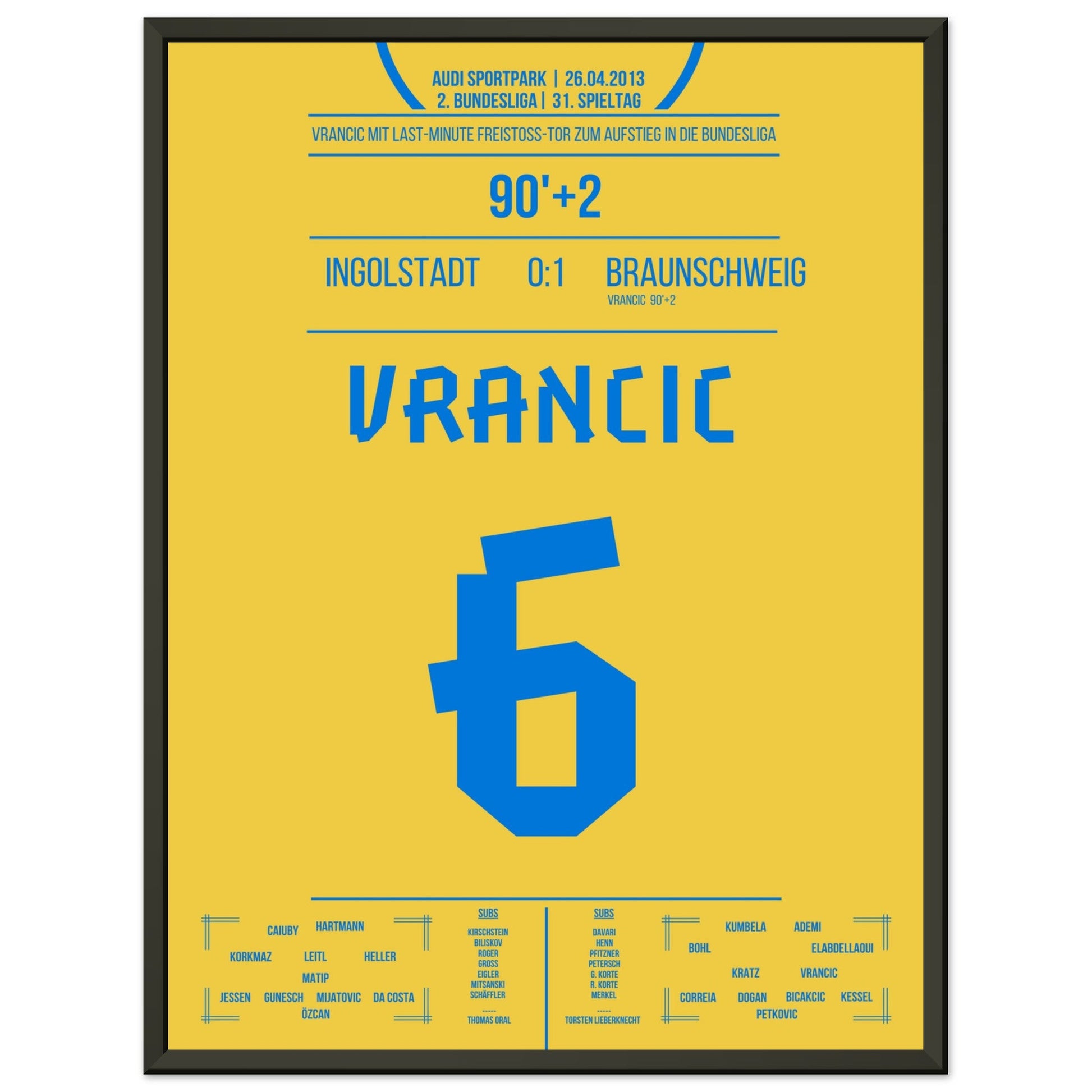 Vrancic's Freistoss-Treffer zum Bundesliga-Aufstieg 2013 45x60-cm-18x24-Schwarzer-Aluminiumrahmen